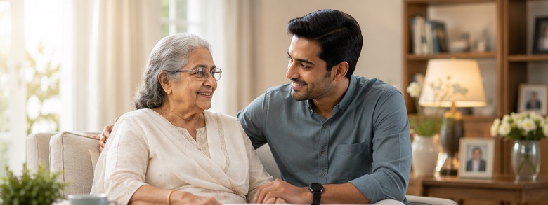 An adult son sitting warmly beside his elderly mother at home
