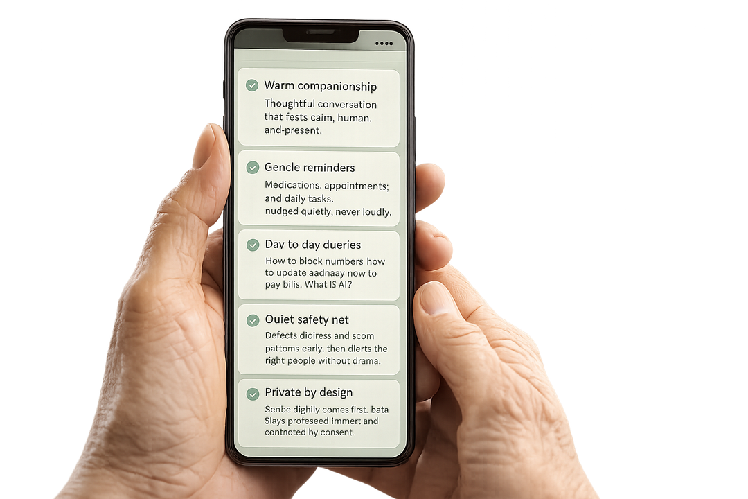 A senior holding a phone showing the AskSathi checklist